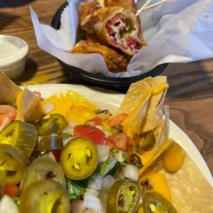 Reuben egg rolls and nachos