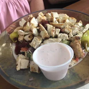 Greek salad with chopped chicken