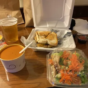 Patty melt, tomato bisque, and side salad.