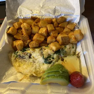 Egg white omelet with potatoes.