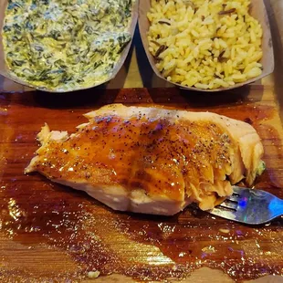 Cedar plank salmon with rice and creamed spinach. And I added a side of Mac &amp; cheese.