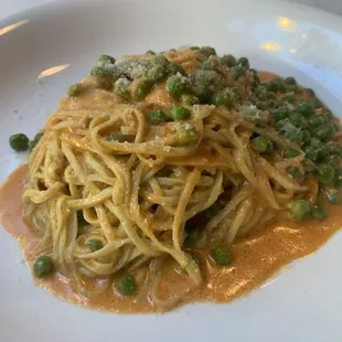 Paglia e Fieno con Piselli
Spinach and egg pasta with peas and a creamy tomato sauce