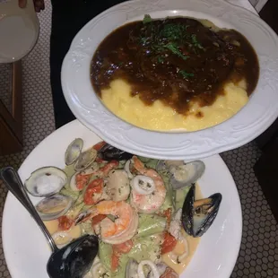 Seafood pappardelle special and osso buco