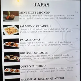  menu for tapas at a restaurant