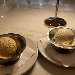 Peanut butter and jelly ice cream, and cacao nib vanilla ice cream