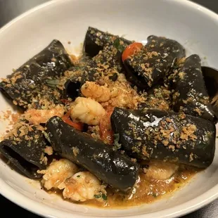 Squid ink pacherri with gulf shrimp which amounted
