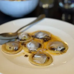 Ravioli (peas, lardo, chili crisp)