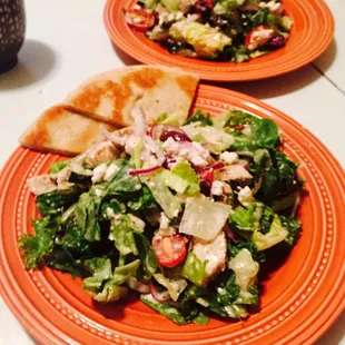 This is ONE Greek appetizer salad that I split with my girlfriend. Chicken souvlaki, stuffed grape leaves, black olives, feta. Sooo good.