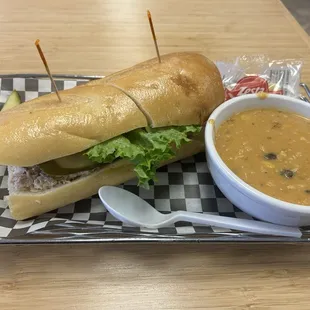 Tuna sandwich and cheesy enchilada soup