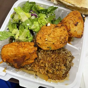 Chicken Kabob, Mojadara Rice, Mediterranean Salad, Naan - so much food and so tasty