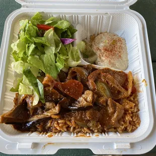Hummus, eggplant, spicy rice, Greek salad