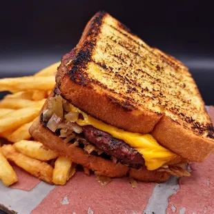 Patty melt - 1/2lb USDA Choice Angus steak patty, grilled Texas Toast, grilled onions, melted cheese and mustard