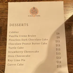 Dessert menu