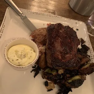 Striploin, bristle sprouts, bourbon rosemary butter and crisp quartered potatoes.