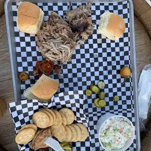 Ritz crackers and smoked cheese. Cole slaw. Pulled pork.