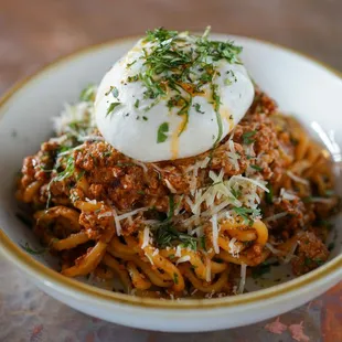 Bucatini Bolognese with Burrata