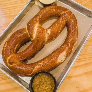 Pretzel with mustard and beer cheese (order an extra beer cheese if your family is anything like mine!)