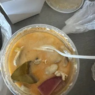 I order Spicy Tom Kha Soup big chunks of onion and mushrooms