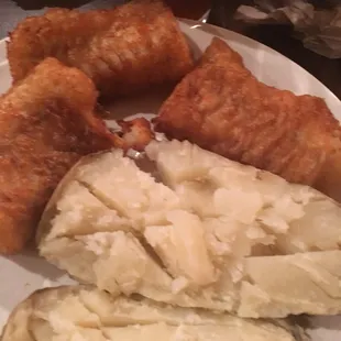 Fish fry dinner with baked potatoe