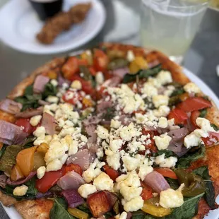 My roasted veggie flatbread (heaped with veggies and goat cheese -- it wasn't really flat)