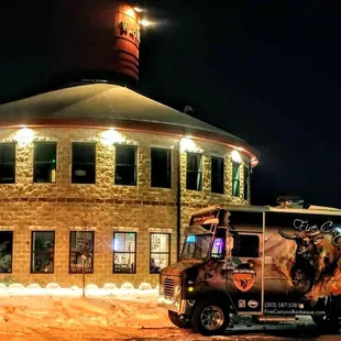a truck parked in front of a building