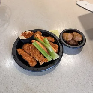 chicken stingers combo with hummus and golden puffs; yum!