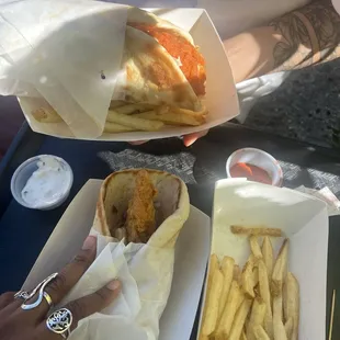 Chicken fingers pita, chicken stingers pita, fries