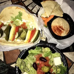 Greek salad, veggie kabob, hummus plate.