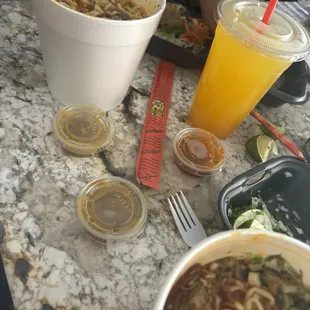 Ramen birria and mango lemonade