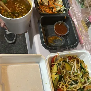 Ramen birria, pot stickers and noodle stir fry with chicken