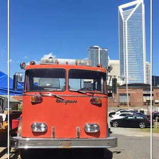 a fire truck parked in a parking lot
