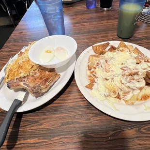 Chilaquiles served with hash browns, eggs and a pork chop!