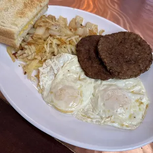 Eggs,sausage hash brown and sourdough toast