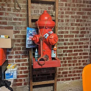 a red fire hydrant on a ladder
