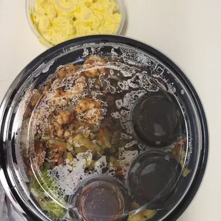 Blackened Shrimp,Steak, macaroni with veggies  and rice platter