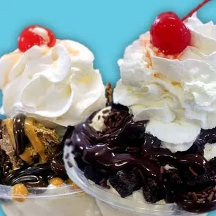 two ice cream sundaes with toppings