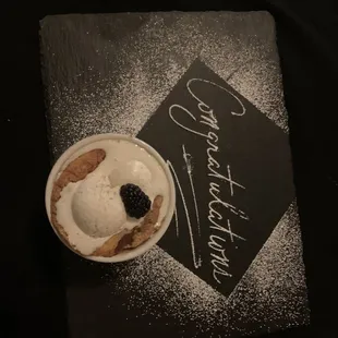 a dessert on a slate board