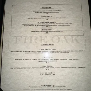 Apps and salads menu