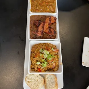 three dishes of food