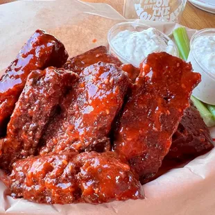 Raspberry habanero seitan wings! 6/$6 from 3-6p is the best deal in town. These wings are incredible! Came back 3 days in a row