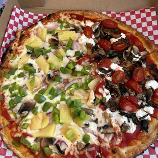 Half veggie with pineapple and half ricotta, basil, and tomato. Soooo delicious!!!