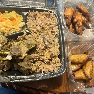 Curry Goat, Rice, Cabbage, Pineapple Wings, Plantains