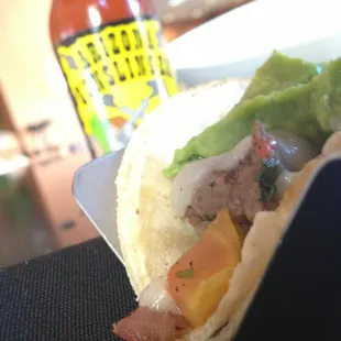 HH mini Carne Asada taco with AZ gunslinger sauce! Tasty and fun in fancy metal holder