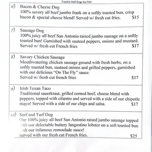 Main dinner and lunch menu.