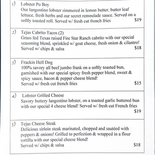 Main dinner and lunch menu.