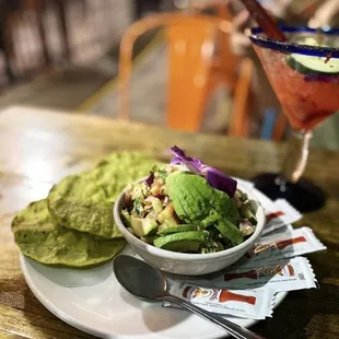 Ceviche de camarones with spinach tostadas!