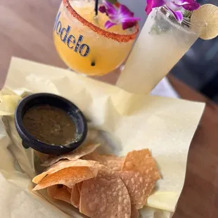 Chips with Mango Margarita and Cucumber Mojito.