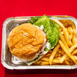 a hamburger and french fries