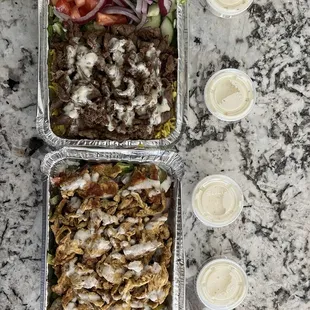 Lamb Shawarma over Rice and Chicken Shawarma Over Salad