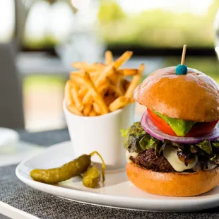 Our famous Angus beef burger with shoestring fries